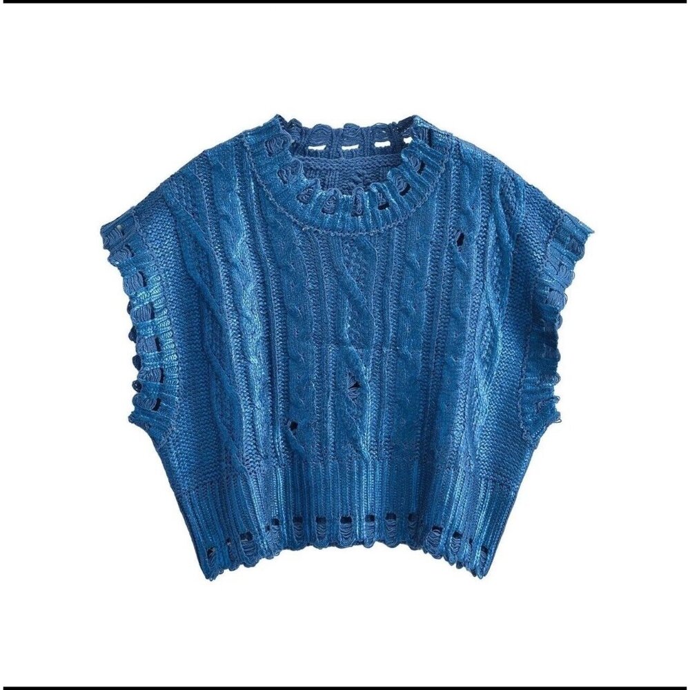 Women Crop Metallic Sleeveless Sweater Medium Blue Knit Vest Foil Round Neck